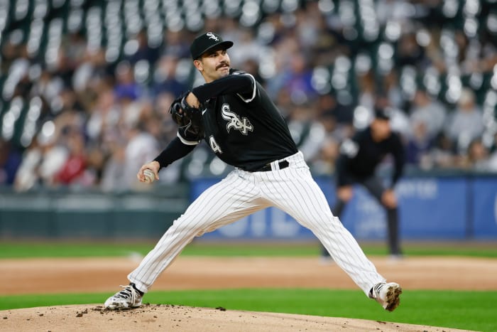 Sep 29, 2023; Chicago, Illinois, USA; Chicago White Sox starting pitcher Dylan Cease (84) delivers a pitch against the San Diego Padres during the first inning at Guaranteed Rate Field. Mandatory Credit: Kamil Krzaczynski-USA TODAY Sports